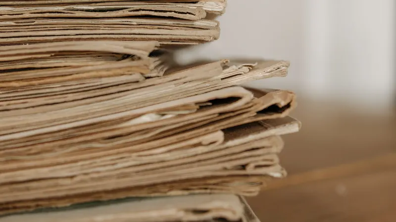 Stos starych dokumentów w papierowych teczkach